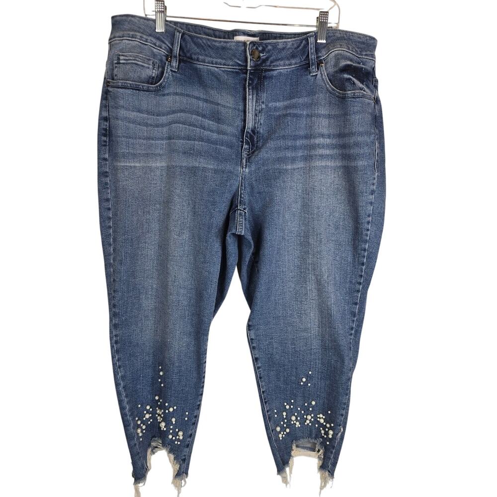 Lane Bryant Whiskering Distroyed Hem Faux Pearl Accents Women's Jeans 22 NWT